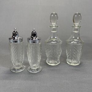 Vintage Jeannette Feather Glass Salt Pepper Shaker Set Oil Vinegar Set Lot of 4